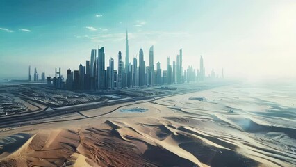 Wall Mural - An aerial view of modern futuristic skyscrapers in the desert