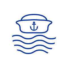 Wall Mural - Logo Nautical. Silueta de sombrero de marinero de barco con líneas con olas de mar