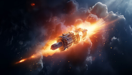 Wall Mural - A spaceship is flying through space with a bright orange fire trail behind it