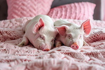 Poster - Two pigs rest on a bed together, their bodies overlapping on a pink bedspread Pink pillows support their heads