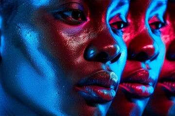 Wall Mural - Intense portrait of dark-skinned young adults in neon light