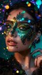 © volga - Mesmerizing glitter makeup on elegant young woman with bokeh lights