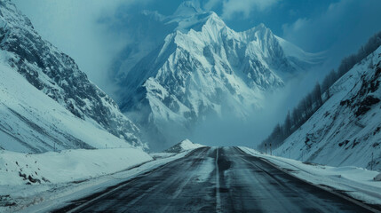 Wall Mural - a road next to a snow covered mountain, spectacular backdrops 