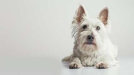 Wall Mural - Small white dog relaxing on a white surface, suitable for pet-related designs