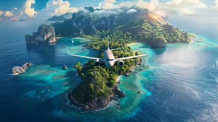 Wall Mural - Airplane soaring above a picturesque island, ideal for a summer vacation travel banner. Tourism and holiday trip