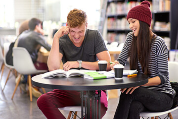 Sticker - Students, friends and library with book at university for education, learning or teamwork on group project. College, male scholar and happy woman for reading, knowledge or working on assignment