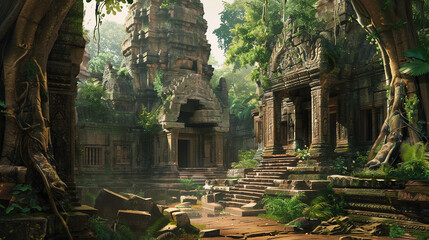 Wall Mural -  Ruins of an ancient temple covered in vines and surrounded by trees.