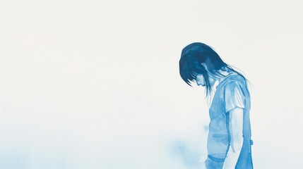 Wall Mural - A woman is standing in front of a white background. She is wearing a blue shirt and a blue vest. The image has a calm and serene mood, with the woman's posture