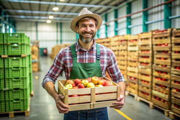 A man wearing a straw hat and apron is smiling as he holds a crate of apples