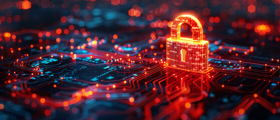 Cybersecurity Illuminated: Abstract Visual of Glowing Lock and Data Code