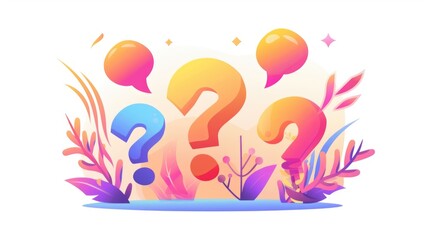 Wall Mural - Cartoon question mark surrounded by plants and balloons, suitable for educational or fun designs