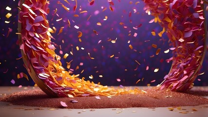 Wall Mural - multicolored, solitary particles in an arch Pink and yellow dropping, violet confetti, crimson particles glistering, and a multicolored, spangled shimmering background