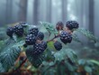 © LittleDreamStocks - Close-up of ripe blackberries on a branch in a misty forest.