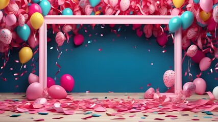 Wall Mural - Confetti streamers with vibrant carnival copies scattered across a party background, celebrating space. Pink birthday anniversary advertising frame with generative AI