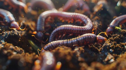 Sticker - A bunch of worms sitting on top of a pile of dirt. Suitable for nature and gardening themes