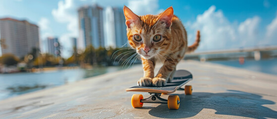 fun day by the miami waterfront: cute cat skateboarding in casual attire on a clear sunny day