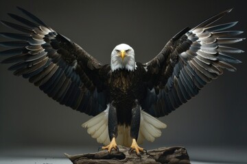 Canvas Print - Majestic bald eagle spreading its wings on a wooden perch. Ideal for nature and wildlife concepts