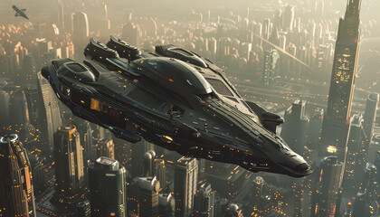 Wall Mural - A futuristic space ship is flying through a city with tall buildings