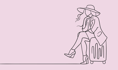 Girl travels in a hat and sits on a suitcase outline. Adventure continuous line art drawing isolated on pink background. Vector illustration