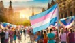 © Arthur - transgender flag on the background of the pride parade, lgbt pride month, fight against transphobia, tolerance