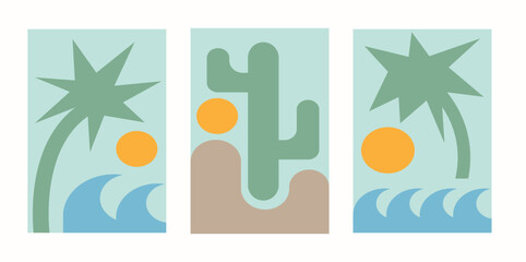 Wall Mural - set of retro geometric minimal beach landscape. abstract beach and sun in vintage flat style for pri
