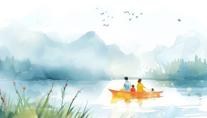 Wall Mural - A family of three is in a boat on a lake, with the sun setting in the background