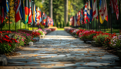 Wall Mural - A path with American flags hanging from the trees