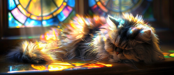 Wall Mural - A cat is laying on a window sill with a colorful stained glass window behind it