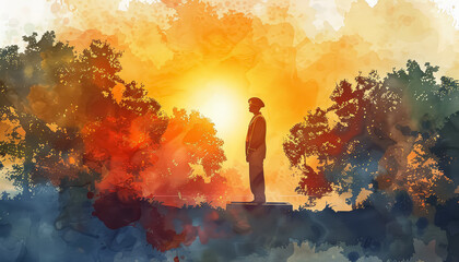 Wall Mural - A man stands in front of a cross and a grave at sunset