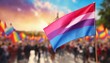 © Arthur - bisexual flag on the background of the pride parade, lgbt pride month, fight against homophobia, tolerance, rally of many people