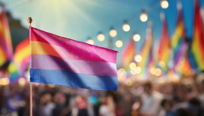 bisexual flag on the background of the pride parade, lgbt pride month, fight against homophobia, tolerance, rally of many people