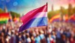 © Arthur - bisexual flag on the background of the pride parade, lgbt pride month, fight against homophobia, tolerance, rally of many people