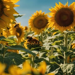 Wall Mural - AI generated illustration of a field of sunflowers under a clear blue sky