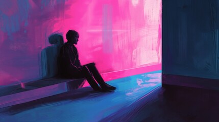 Wall Mural - A man sits on a bench in a room with a pink wall. The room is dimly lit and the man is in a state of contemplation