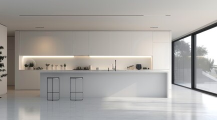Wall Mural - Minimalist white kitchen interior with a white island, recessed lighting, and sleek, handleless cabinets