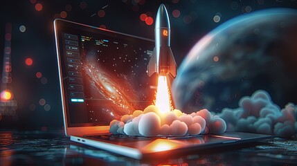 rocket launch for pc/ laptop illustration, illustration of a rocket flying from the laptop screen,la