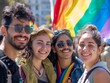 © pawimon - LGBT Buenos Aires Tour Focus on a group of friends at Plaza de Mayo, smiling and looking at the camera, with a rainbow flag in the background, empty space right for text