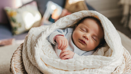 Sticker - A baby sleeping in a basket wrapped up with white blankets, AI