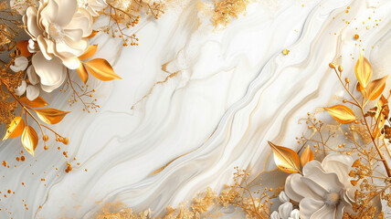 Abstract art background in white with gold art marble. Wall art for home decor and posters, organic shapes with foliage and blossoms painted in golden tones.