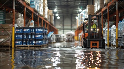 Close-up of a forklift moving pallets of water containers within a bustling shipping warehouse Generative AI