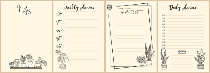 Set of weekly, daily planner pages, notes and to do list templates decorated by hand drawn house plant sketches. Modern scheduler or organizer. Vector monochrome illustrations. 