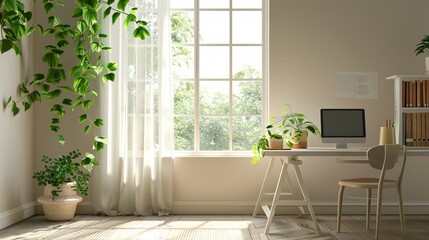 A vacant desk with a springtime window and a green plant