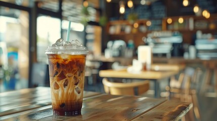 A plastic cup of iced coffee resting on a wooden table. Coffee shop has cold espresso and copy space. Glass for beverage in the restaurant is frozen.   vintage interior decoration.