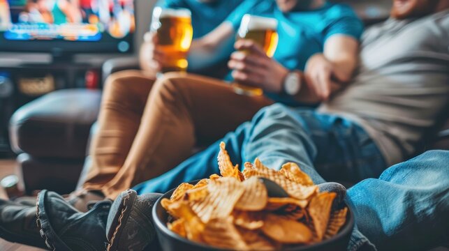 Two friends relaxing on a couch enjoying a live football game on TV with beer and chips