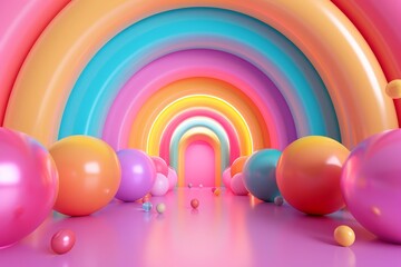 Wall Mural - A colorful room with a rainbow archway and a bunch of colorful balls