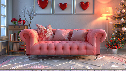 Wall Mural - Valentine's Day interior design 3D rendering of a living room and sofa.