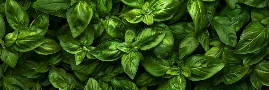 Many fresh Basil leaves texture background, fragrant spices pattern, Ocimum basilicum mockup, great basil