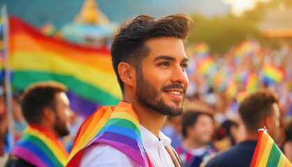 Wall Mural - handsome man on a blurred background of the lgbt month queer pride parade, the fight against homophobia, tolerance, many people rally, june 1