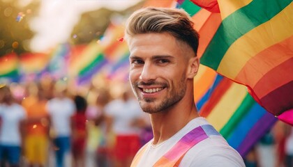 Wall Mural - handsome man on a blurred background of the lgbt month queer pride parade, the fight against homophobia, tolerance, many people rally, june 1