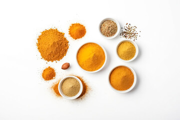 Poster - Variety of Spices in White Bowls on White Background